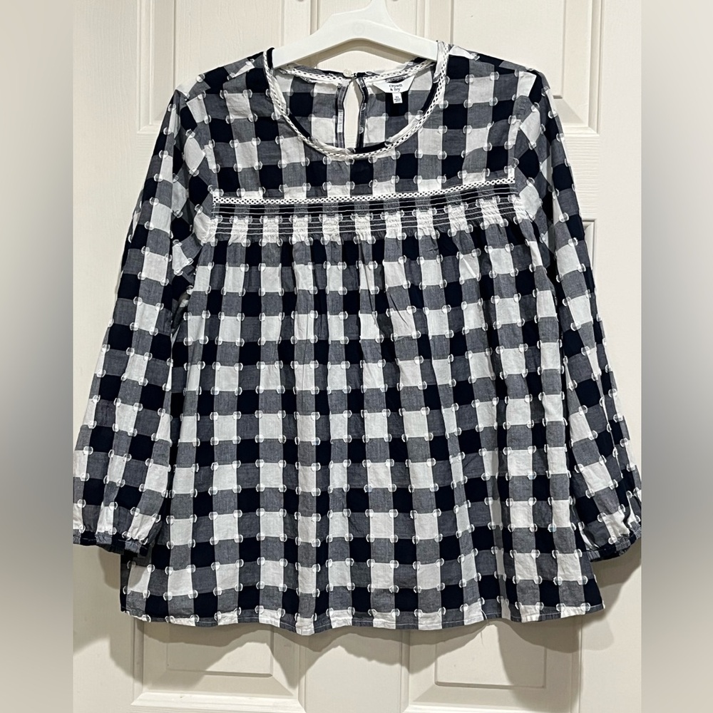 CROWN & IVY Black and White Gingham Babydoll Top WOMEN SIZE XL
